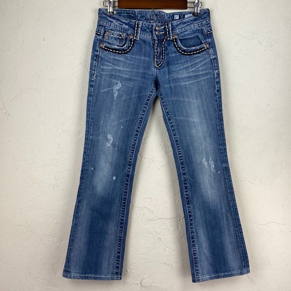 Miss Me Cross Wings JP5142 Embellished Distressed Thick Stitch Boot Cut Jeans 27 - Picture 2 of 12